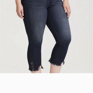 Torrid Dark Indigo Cropped Jeans with Frayed Hem